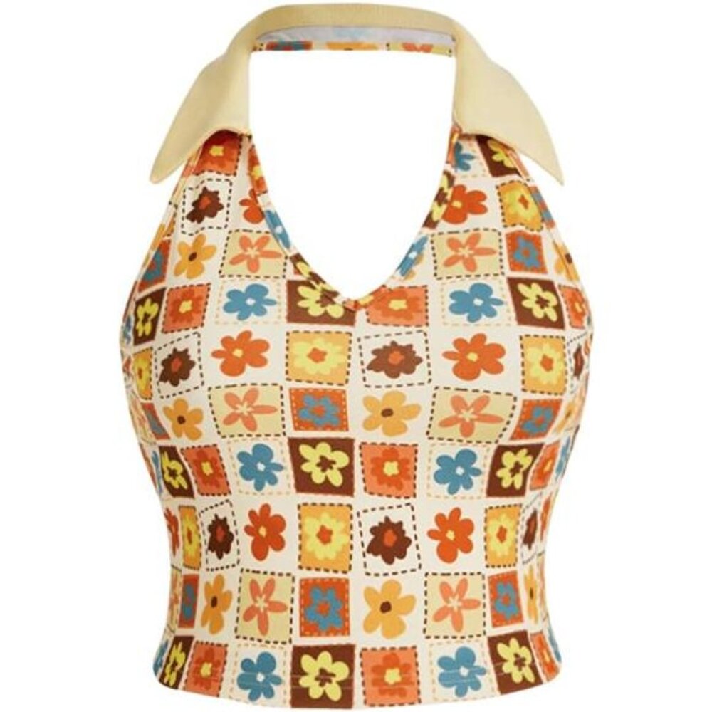 Plus Size Backless Floral V Neck Halter Crop Top Sleeveless Summer Tank